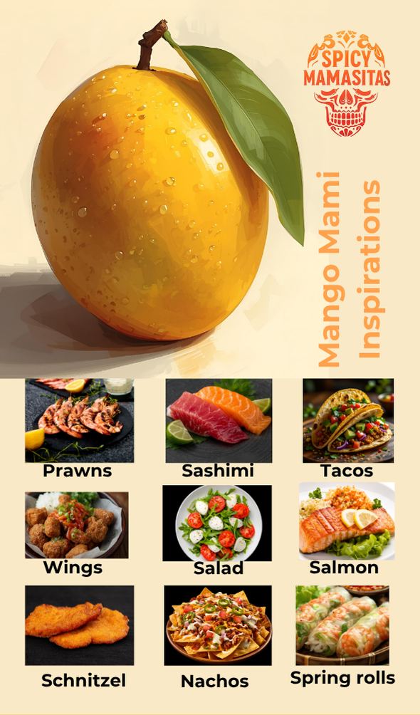 Bright image of Mango Mami Hot Sauce bottle with mango flavor label, showcasing vibrant packaging and spicy sauce inside.