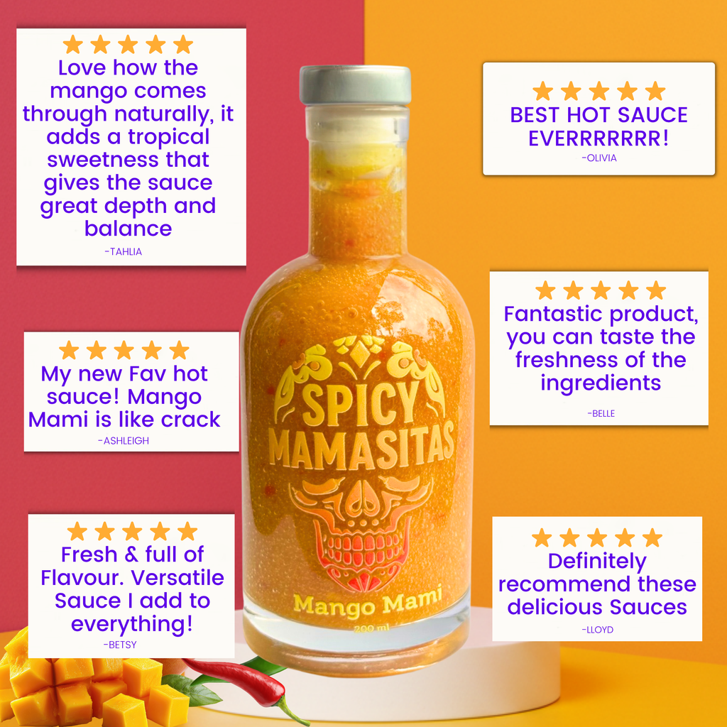 Spicy Mamasitas Mango Mami hot sauce bottle with positive reviews on a colorful background