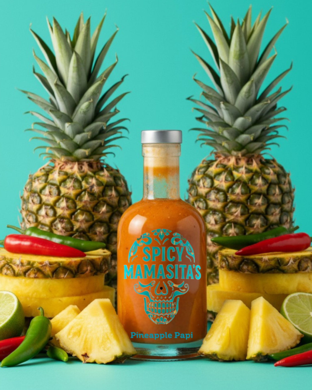 Bright image of Pineapple Papi Hot Sauce bottle with pineapple-themed background, showcasing the vibrant label and spicy flavor.