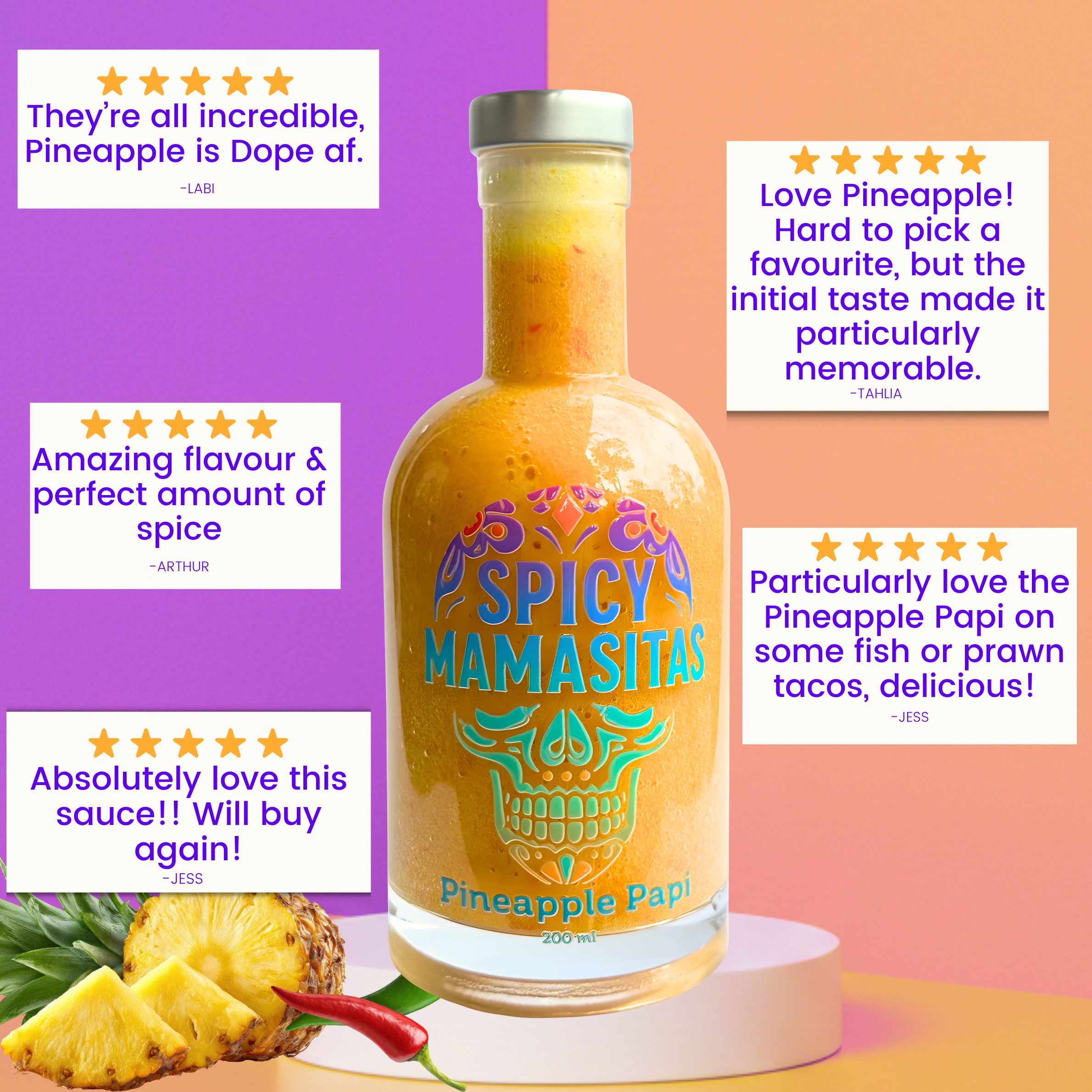 Pineapple Papi Hot Sauce bottle — fruity chilli sauce with pineapple and red chillis, handmade in Australia. Aesthetic skull bottle