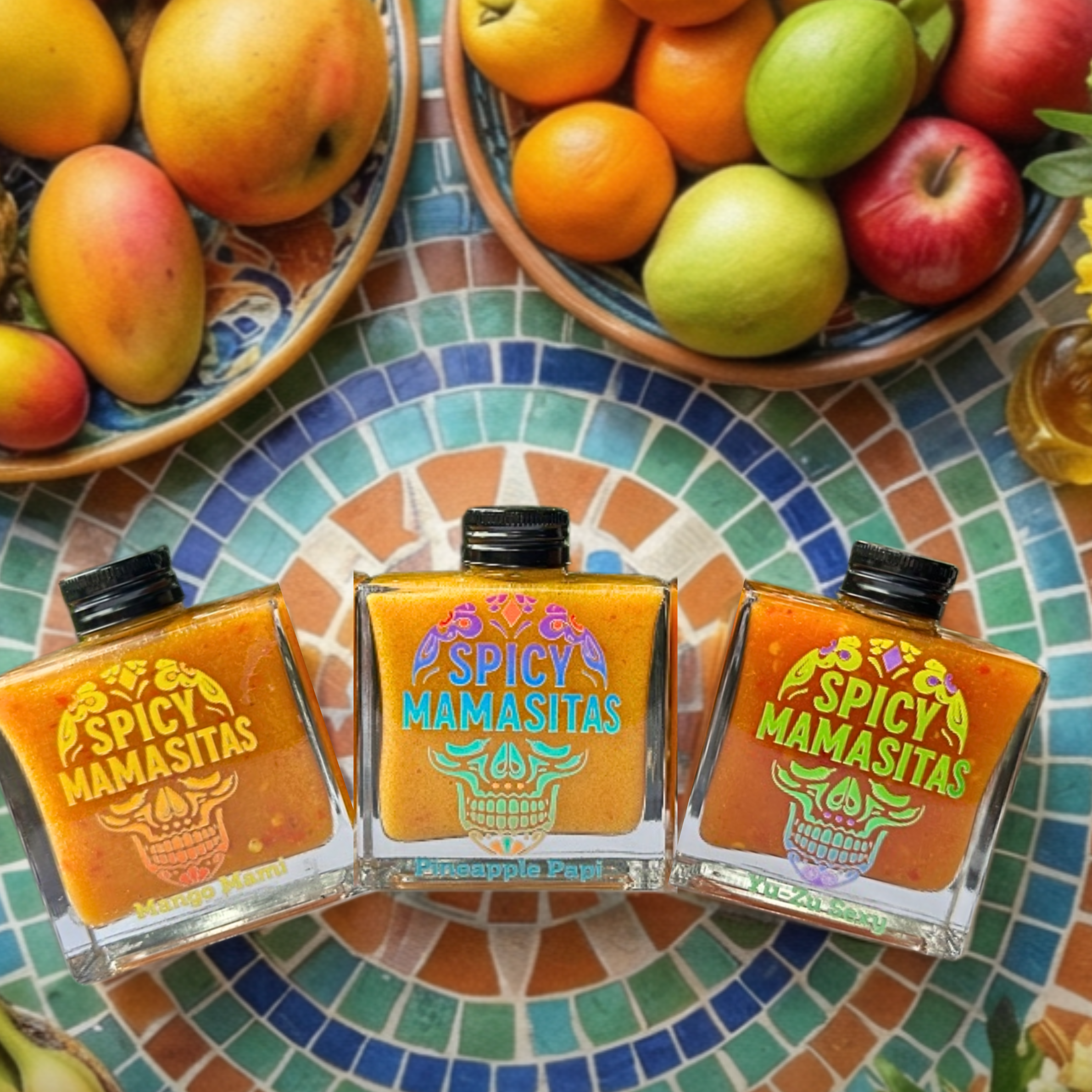 Three bottles of Spicy Mamasitas Hot Sauce Trio with colorful labels, showcasing the spicy hot sauce variety from Spicy Mamasitas.