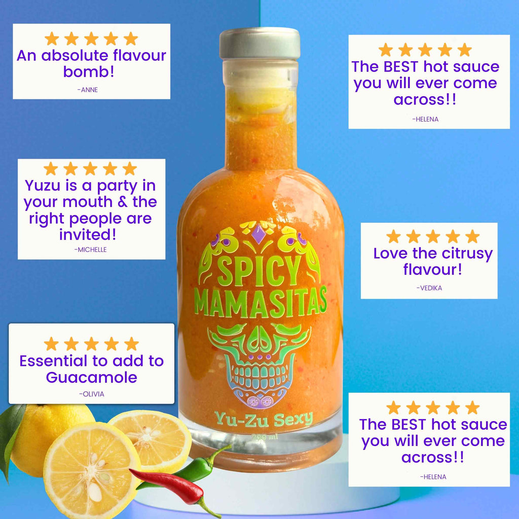Yuzu hot sauce bottle from YuZu, showcasing bright yellow yuzu citrus flavor, with customer reviews visible on the label.