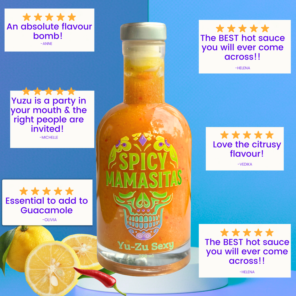 Bottle of Spicy Mamasitas Yu-Zu Sexy Hot  Sauce bottle — fruity chilli sauce with Yuzu and red a, handmade in Australia. Aesthetic skull bottle Label Surrounded by 5-star reviews