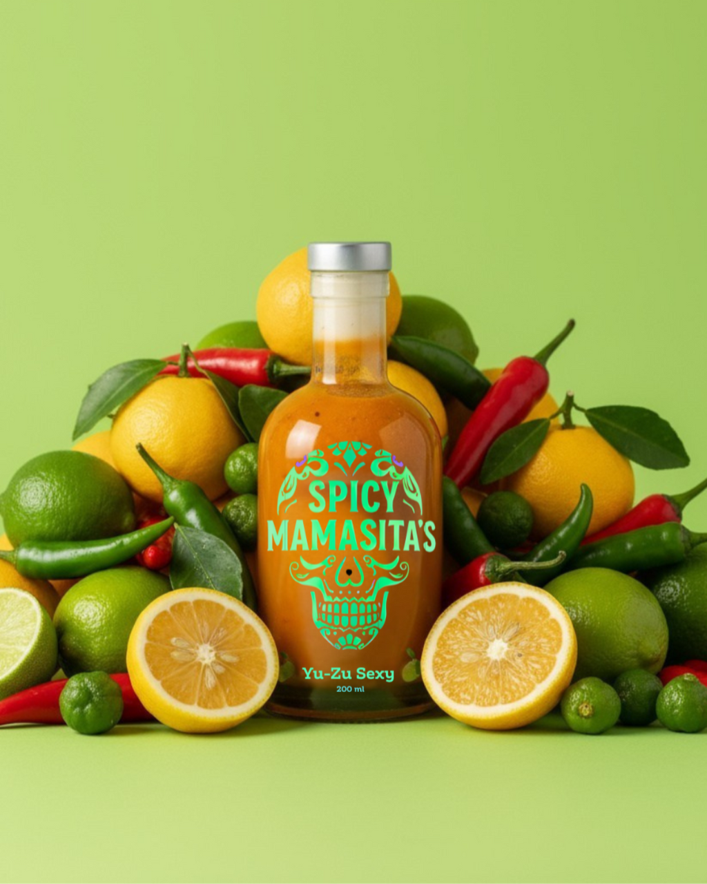 Spicy Yuzu hot sauce bottle with vibrant label, showcasing the YuZu Sexy Hot Sauce brand and fresh yuzu citrus ingredients.